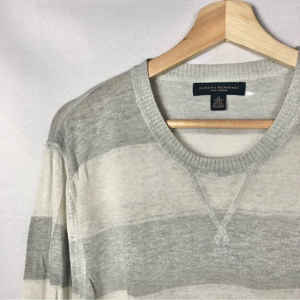 Banana Republic‎ Gray & White Stripe Linen Crewneck Sweater M